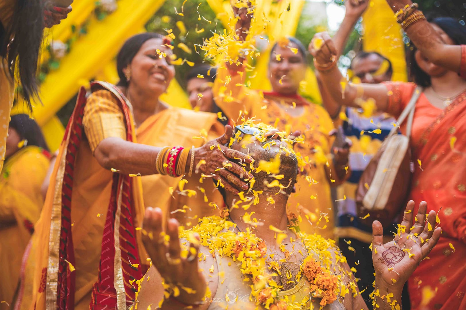Haldi ceremony, groom, Abhinav, wedding photography, blessings, vibrant